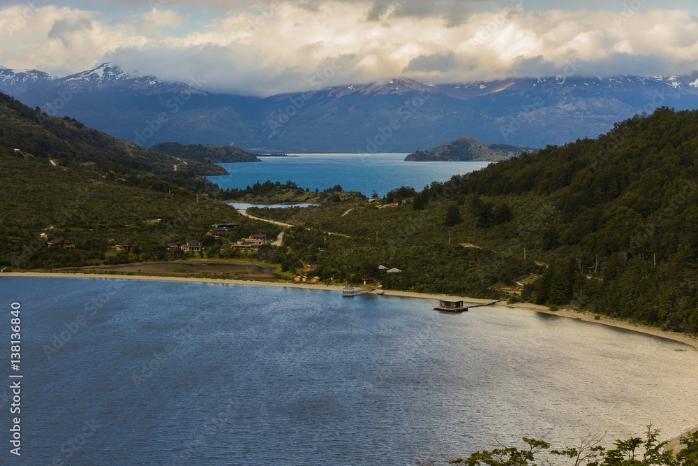 Sunset on lake in Puerto Bertrand.  The road Carretera Austral, Chilean Patagonia