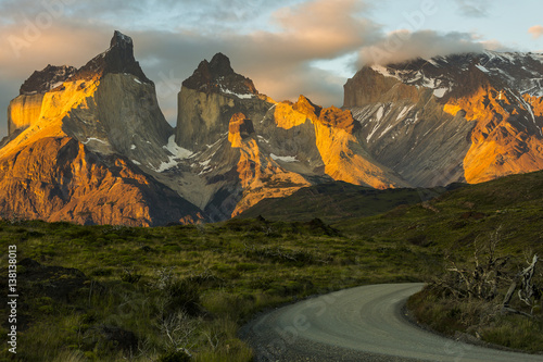 Wonderful sunset mountain landscape. Road in the National Park Torres del Paine, Chile