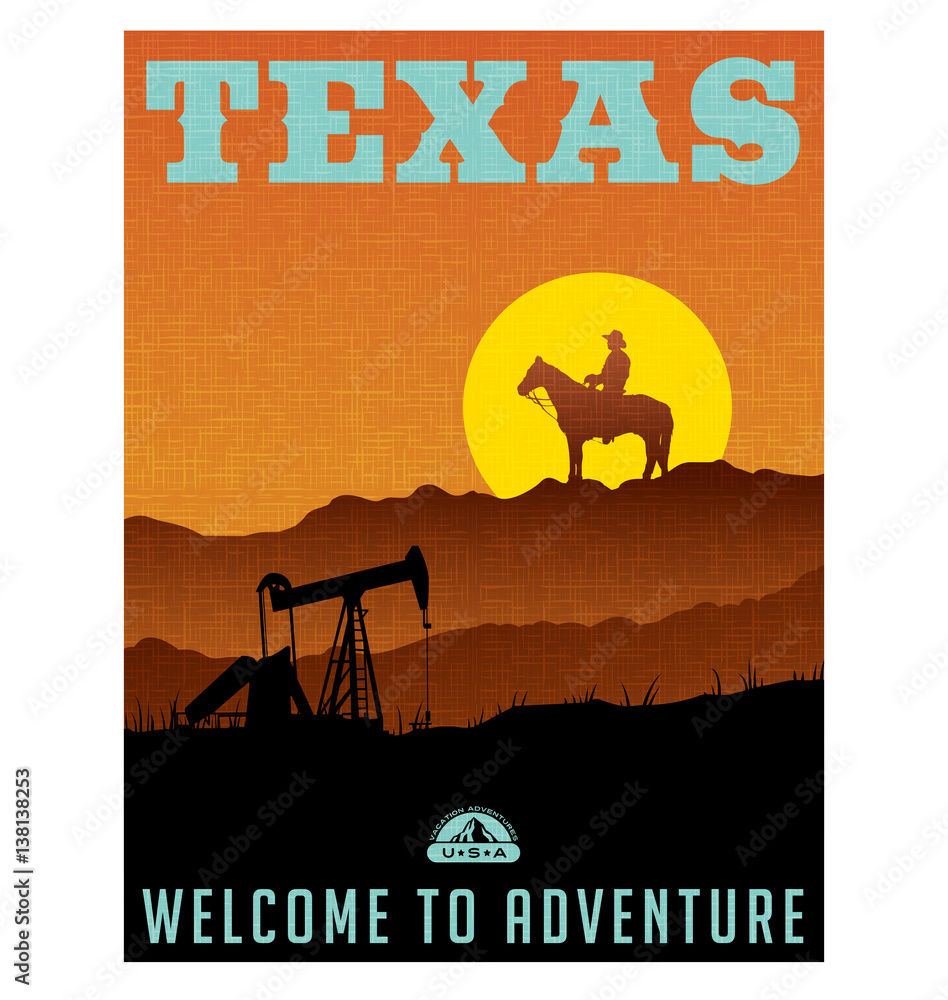  Illustrated travel poster or sticker for Texas with oil wells, rocky ridge and sunset