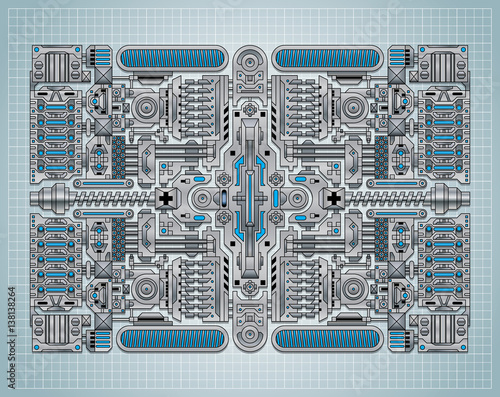 Set of chrome mechanical parts on a grid plane