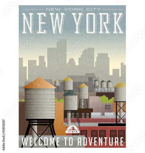 Plakat Ilustrowany plakat podróżny lub naklejka do Nowego Jorku. Wieże ciśnień na dachach budynków z drapaczami chmur w oddali
