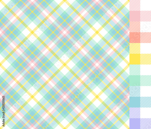 Easter Colors Tartan Plaid and Gingham Seamless Vector Patterns. Pastel Shades of Turquoise, Blue, Pink, Yellow, Lavender Purple and Coral Orange. Pattern Tile Swatches Included.