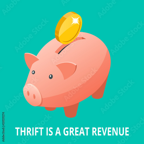 Isometric Piggy bank, gold bullion, diamond and coins icon. Thrift is a great revenue concept