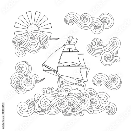 Contour image of ship on the wave, cloud, sun in zentangle inspired doodle style.