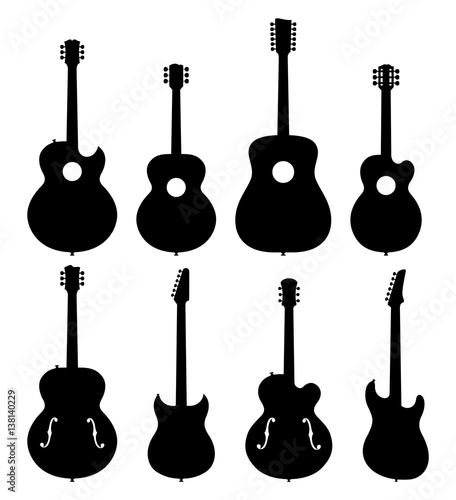 Vector Illustration Of A Set Of No Name, No Brand, Imaginary Jazz Guitar Silhouettes.