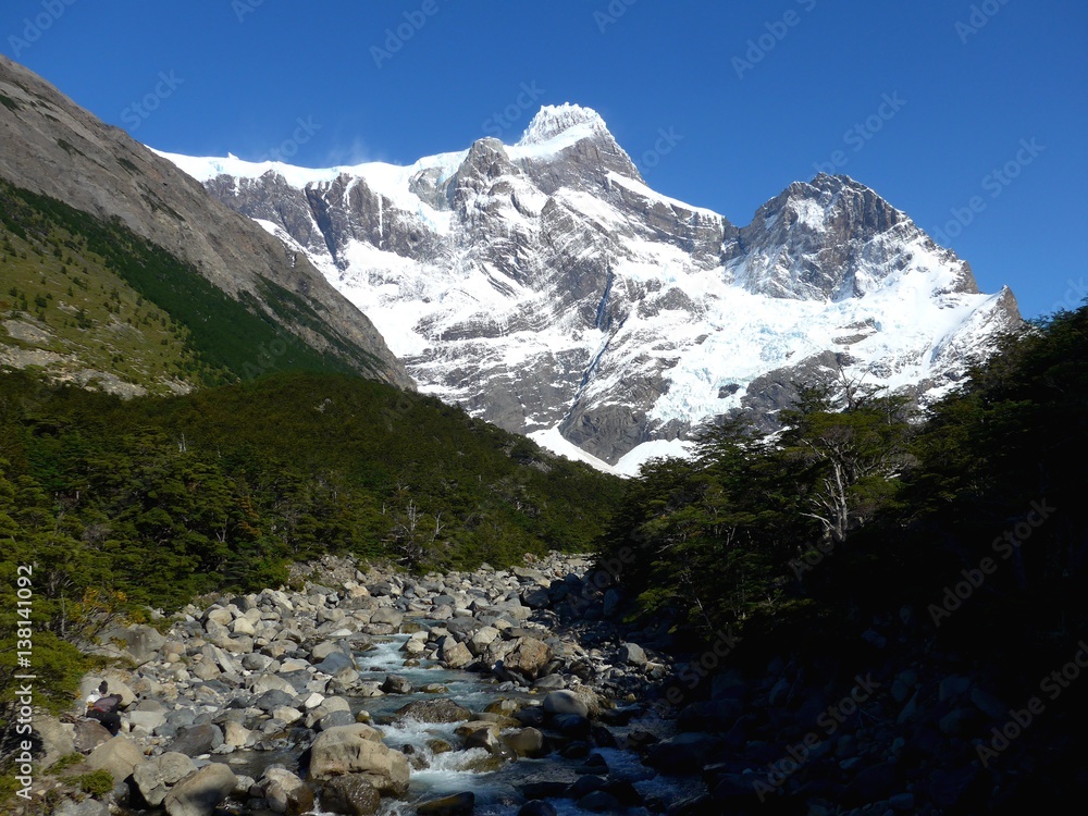 Small stream in spring flowing through the forest below a large snow caped peak in Torres del Paine National Park in Patagonia.