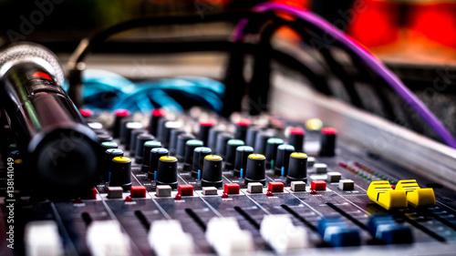 Beautiful closeup shot of Sound mixing control panel for recording music and live telecasts