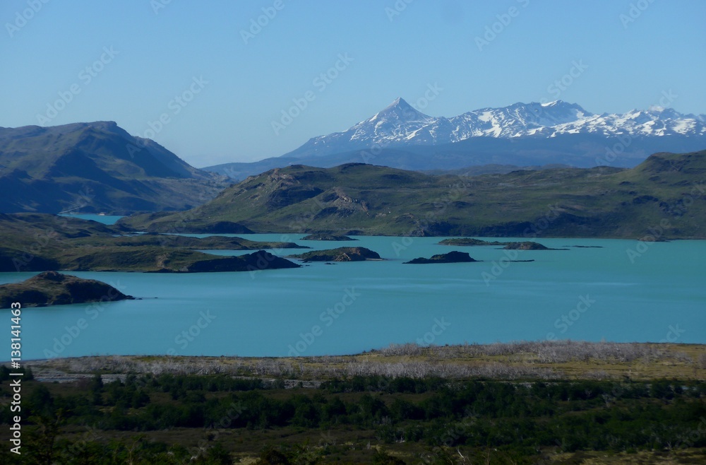 The majestic views of Southern Patagonia, a bright blue lake in the beautiful Torres del Paine National Park