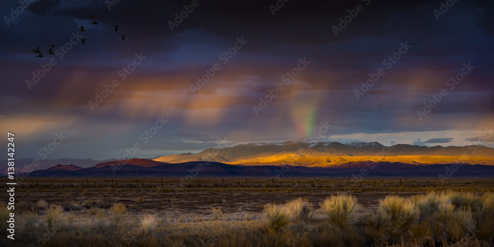 Fototapeta premium Stormy Sunset z deszczem i tęczą na pustyni ze światłem na pasmo górskie. Fallon, NV