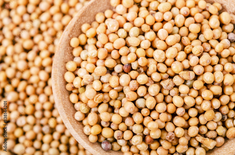 Mustard seeds in wooden spoon. Mustard seeds in wooden spoon.