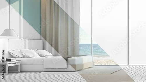 Sea view bedroom in luxury beach house - 3D rendering