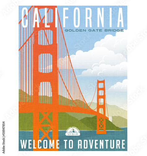 California travel poster. Vector illustration of golden gate bridge. 