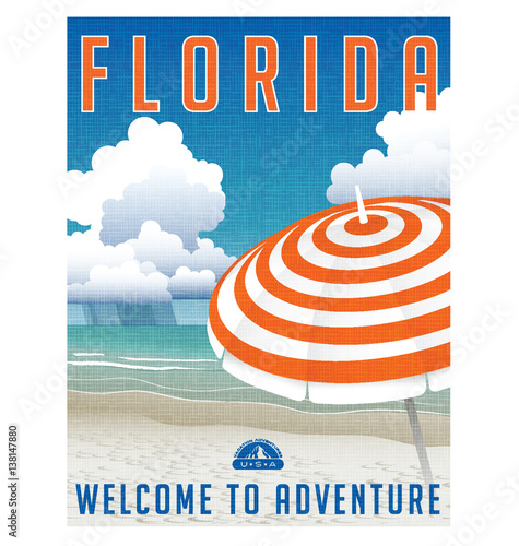 Florida travel poster. Detailed vector illustration of scenic beach with striped umbrella