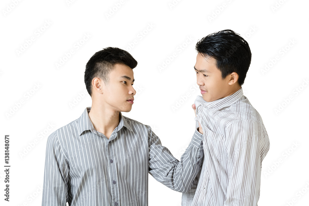 Portrait of an angry businessman holding a man iby the collar. Isolated on white background Portrait of an angry businessman holding a man iby the collar. Isolated on white background
