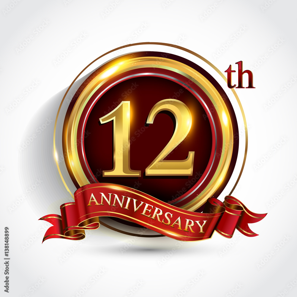 12th anniversary logo with ring and ribbon golden colored isolated on white  background, vector design for greeting card and invitation card. Stock  Vector