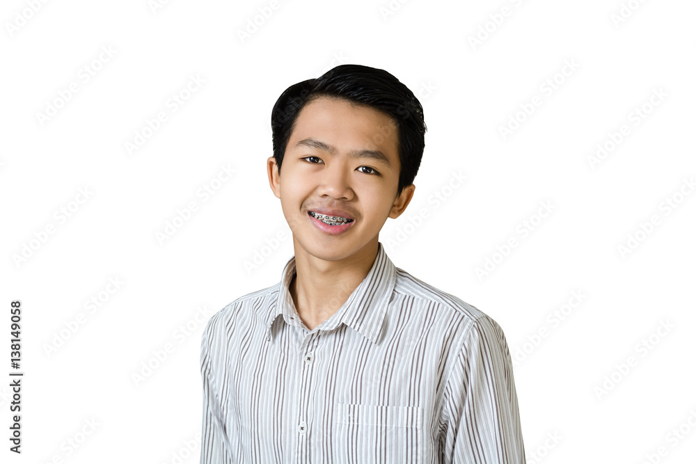 Portrait of a young asian business man smiling with teeth brace dental. Isolated on white background with copy space Portrait of a young asian business man smiling with teeth brace dental. Isolated on white background with copy space