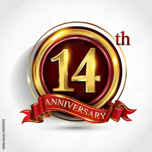 14th anniversary logo with ring and ribbon golden colored isolated on white background, vector design for greeting card and invitation card.