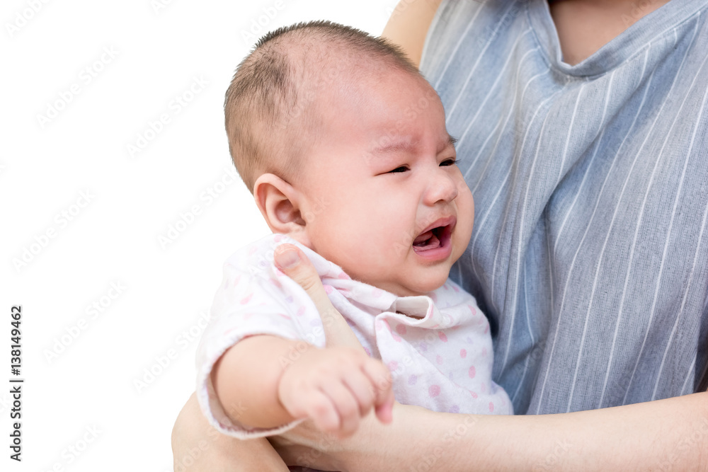 Portrait of an asian mother holding her crying cute little baby. Isolated on white background Portrait of an asian mother holding her crying cute little baby. Isolated on white background