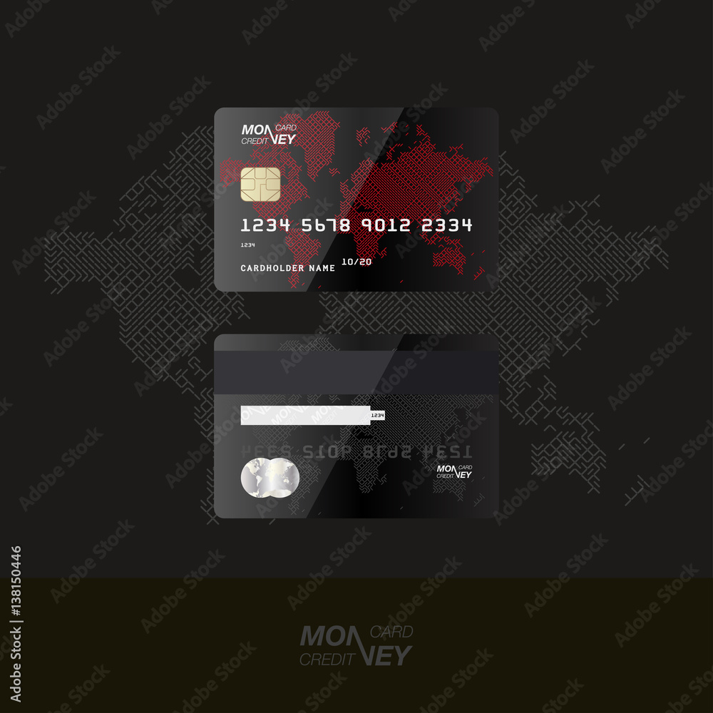 Fototapeta Black credit card. Front and back side of the card against the background of the digital world map. Vector illustration EPS 10