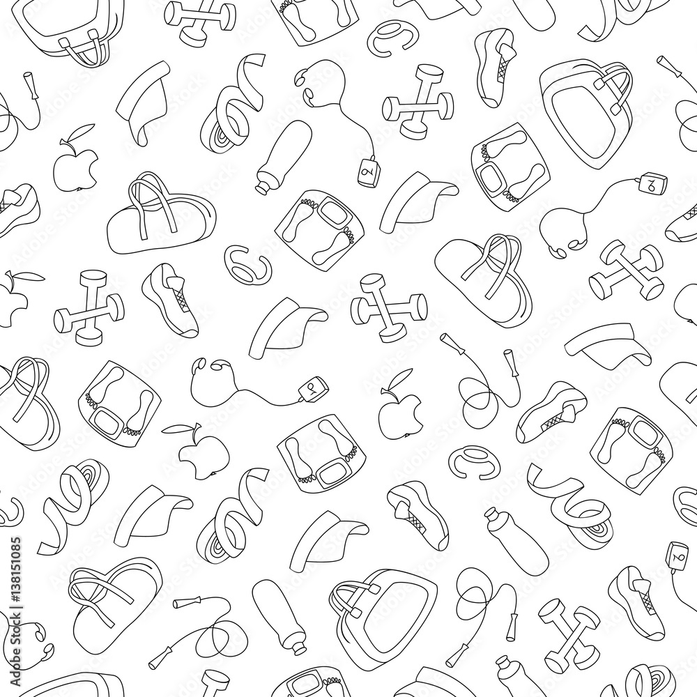 Hand Drawn Doodle pattern of fitness equipment