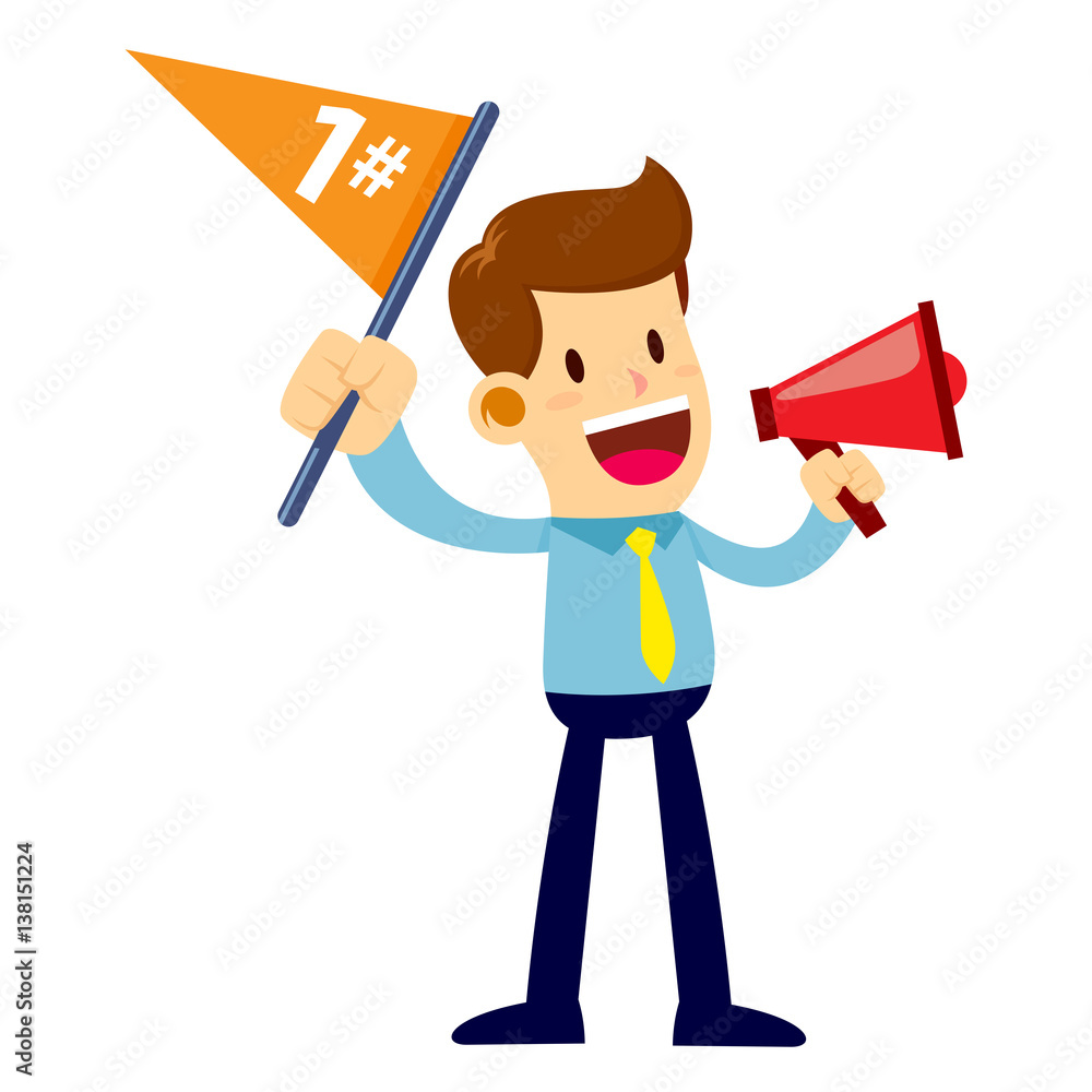 Businessman Talking Through Loud Speaker While Waving Flag Businessman Talking Through Loud Speaker While Waving Flag