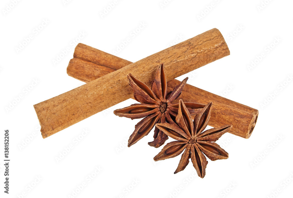 Anise and cinnamon isolated on white background