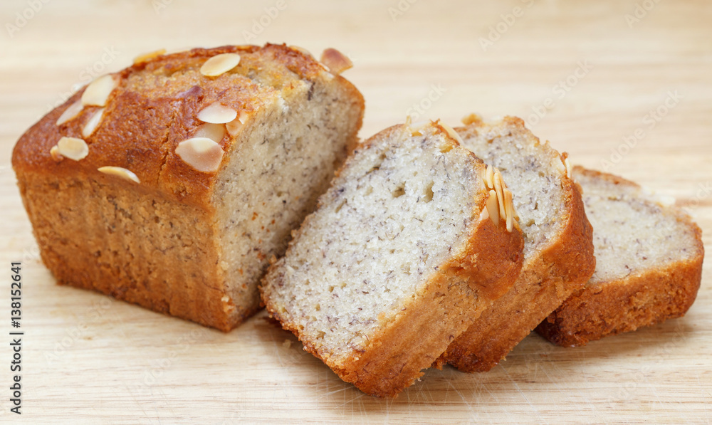 Slice Homemade almond banana bread cake 