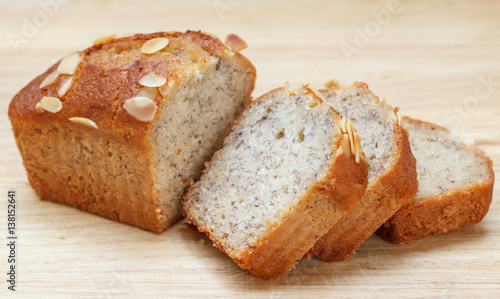 Slice Homemade almond banana bread cake 