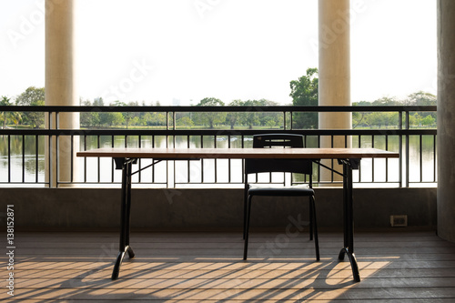 empty wooden desk  with nature background