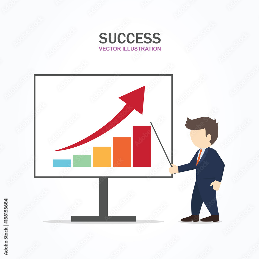 Businessman point stick to a board with increasing bar chart. Success concept. Businessman point stick to a board with increasing bar chart. Success concept.