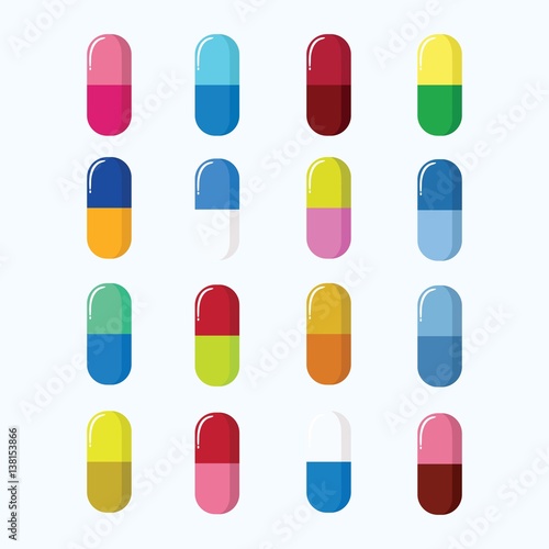 Set of Pills, Capsules Colourful Vector Illustration. Isolated on White photo