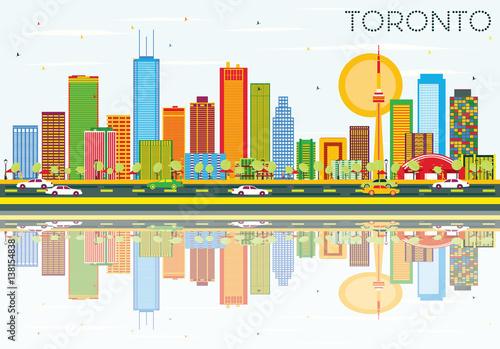 Toronto Skyline with Color Buildings, Blue Sky and Reflections.
