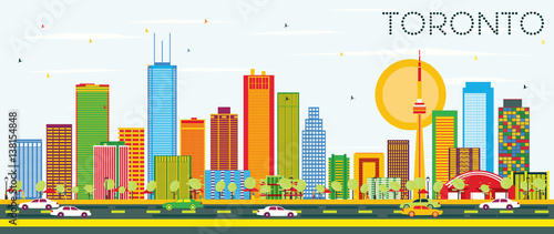 Toronto Skyline with Color Buildings and Blue Sky.