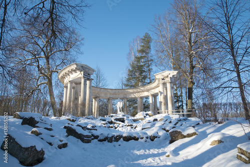 View of Apollo's colonnade in the sunny February afternoon. Pavlovsk palace park, Saint Petersburg