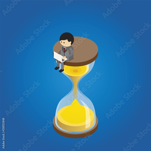 Young man with laptop sitting on top of hourglass legs dangling