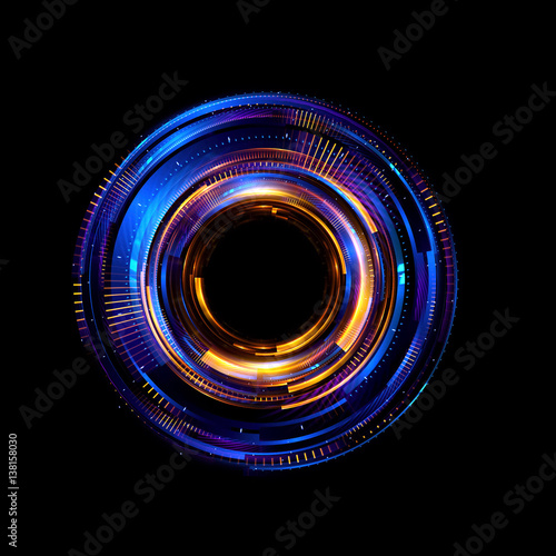 Orb neon rays. luminous hole. Spiral cover. Black neural HUD. Halo around. Power isolated. Sparks particle. Space tunnel. Glossy face. LED color ellipse. Glint gold glitter. Glow clock