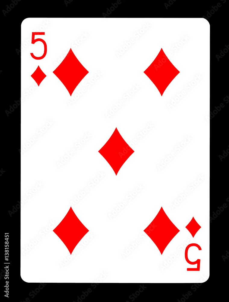 Five of Diamonds playing card, isolated on black background.