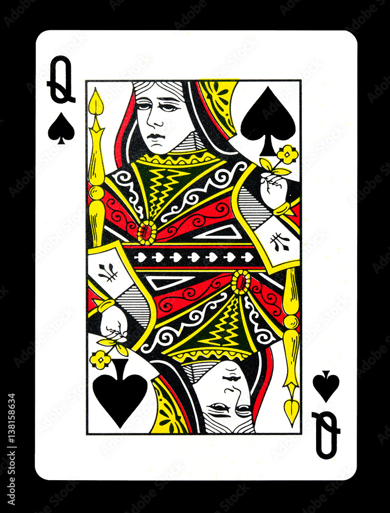 Fototapeta premium Queen of spades playing card, isolated on black background.