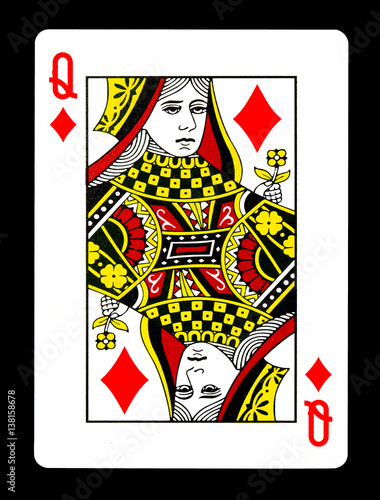 Queen of Diamonds playing card, isolated on black background.