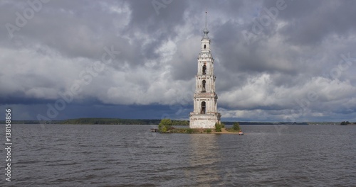 The bell tower of St. Nicholas Cathedral in the town of Kalyazin before the storm