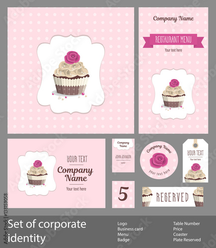 Set of corporate identity for restaurant, cafe or patisserie, cake with cream and rose in brown wrapping with stripes and on pink background, vintage branding business template, vector illustration