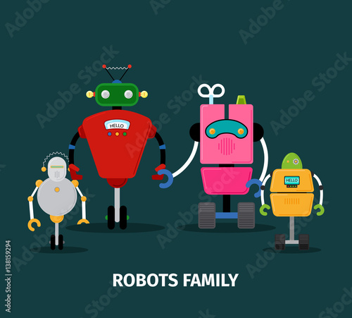 Robots family with kids