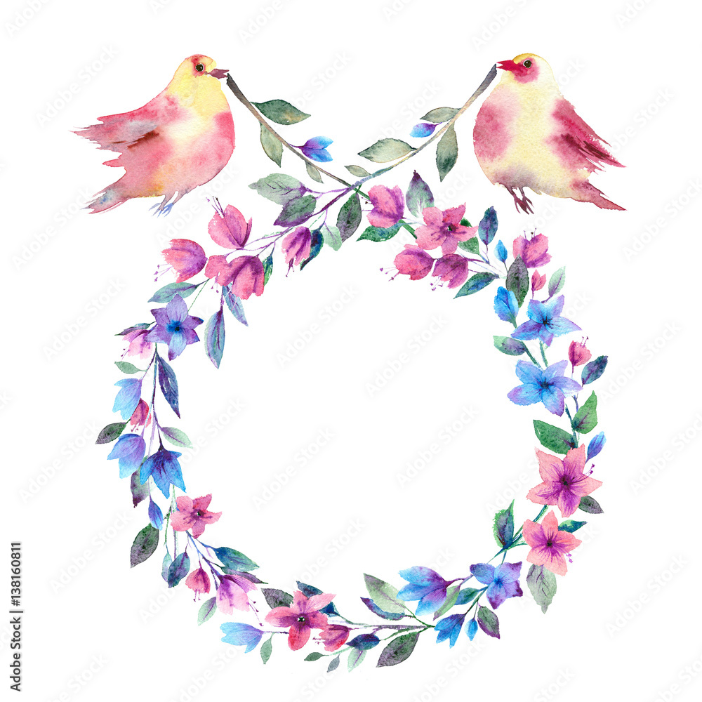 Watercolor birds with a wreath of flowers. Floral frame on white background.