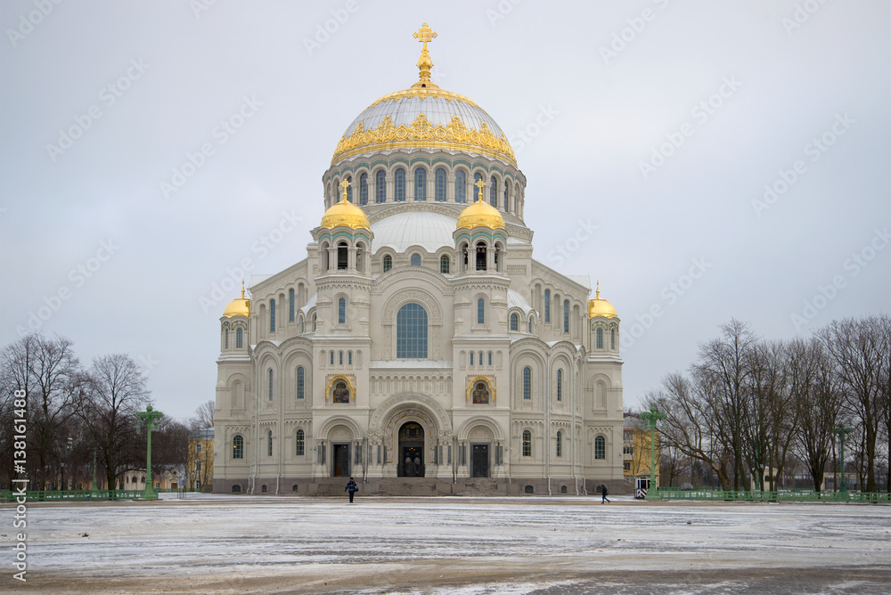 A view of the St. Nicholas Naval Cathedral gloomy January day. Kronstadt, Russia