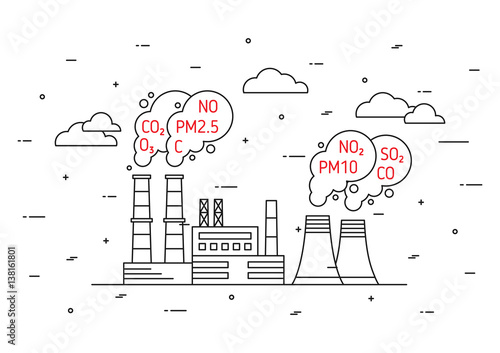 Factory pollutes atmosphere vector illustration. Dangerous air pollution and toxic smog (smoke, fog) concept. Coal industry and smoke from chimney pipes with elements graphic design.