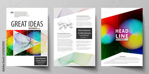 Business templates for brochure, flyer, booklet, report. Cover template, flat vector layout in A4 size. Colorful design, overlapping geometric shapes and waves forming abstract beautiful background.