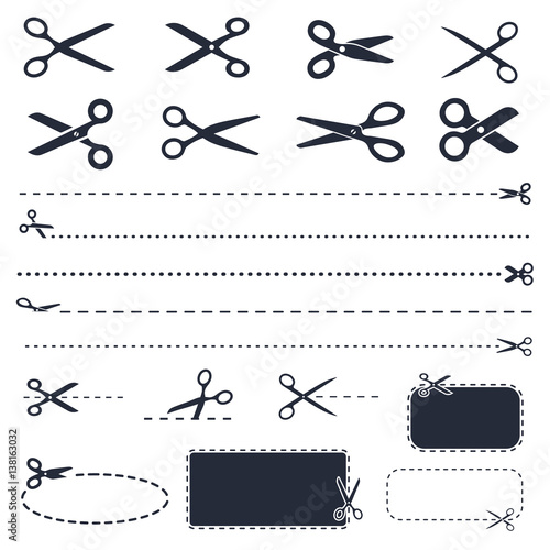 scissors icon set in vector, discount coupons and cut lines