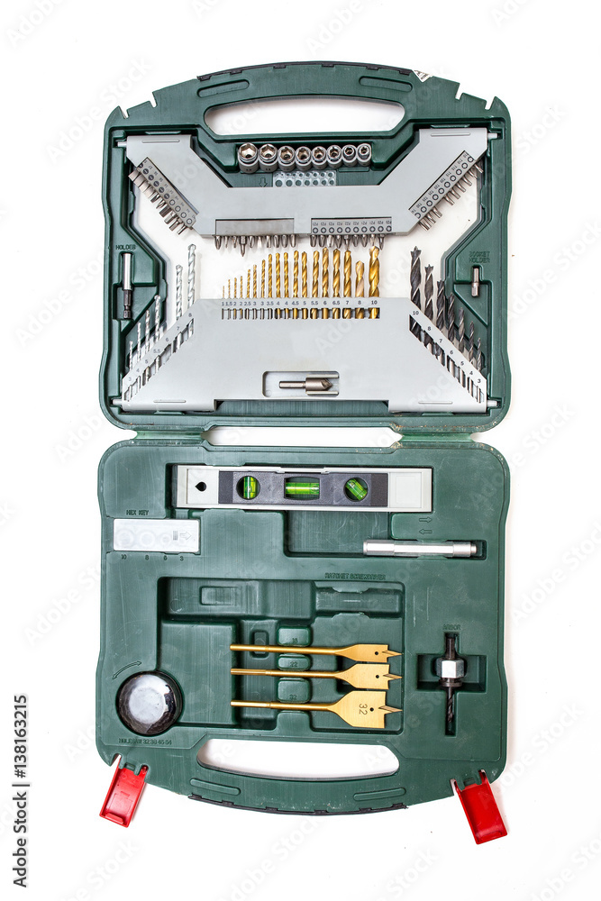 suitcase with tools and set of drills isolated