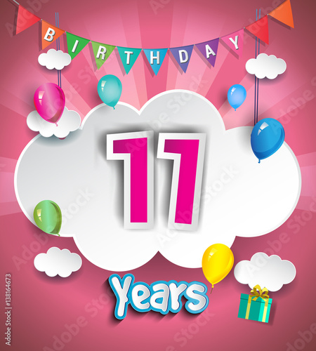 11  years birthday Celebration Design, with clouds and balloons, confetti. using Paper Art Design Style, Vector template elements for your birthday celebration party.

