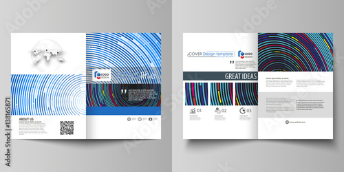 Business templates for bi fold brochure, magazine, flyer, booklet, report. Cover design, abstract vector layout in A4 size. Blue color background in minimalist style made from colorful circles